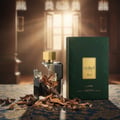 Lattafa Ejaazi — Broken glass perfume bottle with wood chips, gold cap, and green box on patterned cloth
