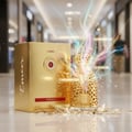 Lattafa Emeer By Lattafa Woody Scent 100ml — Gold box and ornate bottle with colorful scent notes emanating, set against a