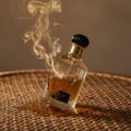 Lattafa Golden Oud — Glass perfume bottle tilted, spilling liquid, with wisps of golden smoke rising against a brown