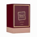 Lattafa Khamrah Dukhan by Lattafa 100ml EDP Unisex — Kotak merah maroon dengan aksen geometri emas dan tulisan Arab, diletakkan di atas tapak bertekstur merah jambu.