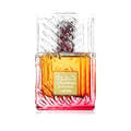 Lattafa Khamrah Dukhan by Lattafa 100ml EDP Unisex — Botol minyak wangi kaca jernih berisi cecair gradien kuning ke merah jambu, berlabel emas bertulis Arab dan Inggeris, serta penutup perak bertekstur.