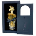 Lattafa Maahir by Lattafa 100ml EDP for Men — Golden glass perfume bottle with a gold horse head cap, tied with a black ribbon, presented in a black box with an open dark blue sleeve featuring Arabic calligraphy.