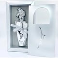 Lattafa Maahir Legacy by Lattafa 100ml EDP Man — Silver perfume bottle with a horse head cap, tied with a grey ribbon, inside a silver box, with the outer packaging open.