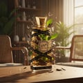 Lattafa Oud Mood by Lattafa 100ml EDP Unisex — A cylindrical gold and cream box and a clear glass perfume bottle with a black and gold label sit on a silver tray. The Petronas Twin Towers are visible through a large window in the background.