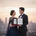 Lattafa Pure Musk by Lattafa (Khalis Musk) 100ml EDP — Couple in formal attire holding a gift box with perfume and a decorative book, with a city skyline at sunset and confetti falling.