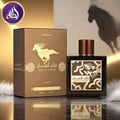 Lattafa Qaed Al Fursan Untamed Lattafa 90ml EDP — A brown perfume bottle and its matching box, both featuring a golden horse silhouette and Arabic script, set against a blurred background with a horse shadow.