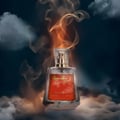 Lattafa Raghba by Lattafa 100ml EDP Unisex — A clear glass perfume bottle with orange liquid, gold accents, and Arabic script, set against a dark, smoky, and cloudy background with fiery orange wisps.
