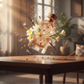 Lattafa Shahd by Lattafa Perfumes 100 ml Women — Perfume bottle suspended mid-air, surrounded by shattered glass, white flowers, and vanilla pods, with a wooden table in the foreground.
