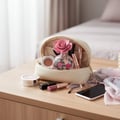 Lattafa Layaan by Lattafa Perfume 75ml EDP — A cream-colored makeup bag is open, revealing a perfume bottle with a pink rose cap, makeup items, and a pair of glasses and a phone on a wooden table.