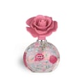 Lattafa Layaan by Lattafa Perfume 75ml EDP — A round, clear glass perfume bottle with a floral pattern and a pink rose-shaped cap, set against a white background.