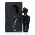 Lattafa Maahir Black Edition by Lattafa 100ml for Men — Black perfume bottle with a horse head cap and matching black box with Arabic calligraphy.