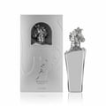 Lattafa Maahir Legacy by Lattafa 100ml EDP Man — Silver perfume bottle with horse head cap and matching presentation box, both with embossed Arabic script and horse motif.