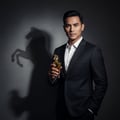Lattafa Maahir by Lattafa 100ml EDP for Men — Man in a black suit holding a gold-capped perfume bottle, with a horse shadow projected on the wall behind him.