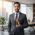 Lattafa Maahir by Lattafa 100ml EDP for Men — Man in a suit holding a golden horse-head perfume bottle in an office setting.