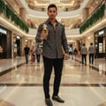 Lattafa Maahir by Lattafa 100ml EDP for Men — Man holding a gold-accented perfume bottle in a luxury mall setting
