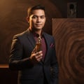 Lattafa Maahir by Lattafa 100ml EDP for Men — Man in a suit holding a gold horse-head capped perfume bottle, with a dark wood grain background.