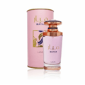 Lattafa Mayar by Lattafa EDP 100ml Woman — Pink cylindrical box with gold floral accents next to a pink perfume bottle with gold cap and accents, showing Arabic and English text.