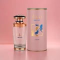 Lattafa Mayar EDP 100ml Woman — A clear glass perfume bottle with rose gold accents and a black cap, next to a pink cylindrical box with gold leaf and feather designs.