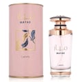 Lattafa Mayar by Lattafa EDP 100ml Woman — Pink cylindrical box with gold leaf design next to a clear glass perfume bottle with rose gold accents and a black cap.