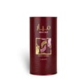 Lattafa Mayar Cherry Intense Lattafa — A tall, cylindrical, dark red perfume tin with gold lettering and a square design featuring stylized leaves in gold and pink.