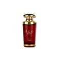 Lattafa Mayar Cherry Intense — Red glass perfume bottle with gold accents and cap, featuring Arabic and English text.