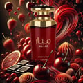 Lattafa Mayar Cherry Intense Lattafa 100ml EDP — Red perfume bottle with gold accents surrounded by cherries, strawberries, chocolate squares, and red swirls.