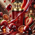 Lattafa Mayar Cherry Intense Lattafa 100ml EDP — A red perfume bottle surrounded by cherries, strawberries, dried orange slices, and a lit candle, with red liquid splashing around the bottle.