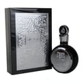 Lattafa Fakhar Silver by Lattafa 100ml EDP Men — Black perfume bottle with silver ornate emblem next to matching black and