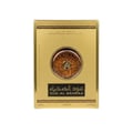 Lattafa Oud Al Sahraa by Lattafa Perfumes – 100 ml Unisex, gold box with ornate circular window showing amber liquid and intricate design, Arabic and English text