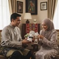 Lattafa Musk Mood by Lattafa 100ml EDP Unisex — A man in a grey Baju Melayu presents a cylindrical gift box to a woman in a hijab, both smiling.