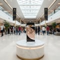 Lattafa Najdia in Gold by Lattafa 100ml Unisex — A large perfume bottle with a rose gold leaf design on a marble pedestal in a brightly lit shopping mall, with shoppers in the background.