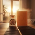 Botol dan kotak minyak wangi Lattafa Pride Nebras Elixir by Lattafa for Her – 100 ml dengan motif sinaran matahari keemasan, diletakkan di atas meja kayu dengan cahaya matahari menembusi tingkap dengan pokok kelapa di luar.