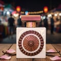 Lattafa Pride Nebras Elixir oleh Lattafa untuk Wanita – 100 ml, botol putih berhias lambang bunga dan penutup rose gold, terletak di atas permukaan kayu bersama buah vanila dan kelopak merah jambu.