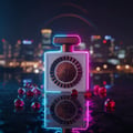 Lattafa Pride Nebras Elixir oleh Lattafa untuk Wanita – 100 ml, botol minyak wangi putih dengan rekaan bulat bertekstur emas dan perincian neon biru serta merah jambu, dikelilingi objek seperti permata merah di permukaan memantul, dengan latar belakang langit bandar malam yang kabur.