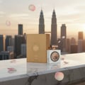 Lattafa Pride Nebras Elixir by Lattafa for Her – Botol minyak wangi putih dan kotak emas berserta tulisan Arab, berlatar bandaraya waktu senja dengan kelopak mawar gugur.