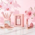 Lattafa Badee Al Oud Noble Blush — Pink makeup brushes, eyeshadow palette, lipstick, makeup sponge, and pearl hair clips
