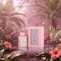 Lattafa Badee Al Oud Noble Blush — Pink perfume bottle and box in a lush, pink-toned jungle with hibiscus flowers.