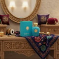 Lattafa Opulent Dubai by Lattafa Perfume 100ml (Unisex) — Teal perfume bottle and box on a wooden vanity with ornate carvings, gold accents, and decorative pillows.