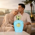 Lattafa Opulent Dubai by Lattafa Perfume 100ml (Unisex) — A couple embracing with the perfume bottle in the foreground, featuring a light blue bottle with gold accents and a gold ornate cap.