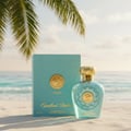 Lattafa Opulent Dubai by Lattafa Perfume 100ml — Perfume bottle and box on a sandy beach with palm leaves and ocean in the background.