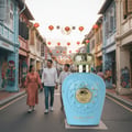 Lattafa Opulent Dubai by Lattafa Perfume 100ml (Unisex) — A light blue perfume bottle with a gold cap and sunburst design stands in the foreground on a street lined with colorful buildings and red lanterns.