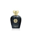 Lattafa Opulent Oud Black Lattafa 100ml EDP Unisex — Black perfume bottle with ornate gold cap and emblem, on a white reflective surface.