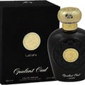 Lattafa Opulent Oud Black Lattafa 100ml EDP Unisex — Black velvet box with gold emblem and Lattafa branding, next to a black perfume bottle with a gold patterned cap and gold emblem.