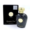 Lattafa Opulent Oud Black Lattafa 100ml EDP Unisex — Black perfume bottle with gold ornate cap and detailed emblem, next to its matching black presentation box with gold emblem.