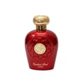 Lattafa Opulent Red by Lattafa 100ml Unisex — Red perfume bottle with gold cap and intricate gold emblem on the front, isolated on a white background.