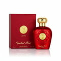 Lattafa Opulent Red by Lattafa 100ml Unisex — Red perfume bottle with gold cap and intricate detailing, next to its matching red box with gold emblem, on a white background.