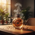 Lattafa Oud Al Sahraa by Lattafa Perfumes – 100 ml Unisex, a round glass perfume bottle with golden liquid, shattering with smoke and glass shards flying outwards, set on a wooden table with plants in the background.