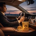 Lattafa Oud Al Sahraa by Lattafa Perfumes – 100 ml Unisex, a man in a suit driving a luxury car at sunset, with a gold perfume bottle and box on the center console.