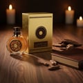 Lattafa Oud Al Sahraa by Lattafa Perfumes – 100 ml Unisex, featuring a round glass perfume bottle with a gold and brown patterned label, a matching gold perfume box, and scattered oud wood pieces on a wooden surface with candles in the background.