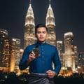 Lattafa Oud Lail Maleki by Lattafa 100 ml Unisex — Man in blue traditional attire holding a gold and black perfume bottle in front of the Petronas Twin Towers at night.